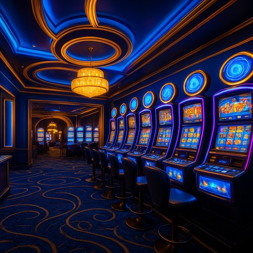 Hero image showing a Lux casino lobby with neon lights and a row of slot machines, inviting atmosphere, and vibrant blue and gold color tones. The image conveys excitement and premium gaming.